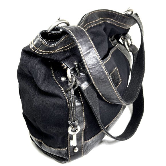 Fossil Large Black Canvas Black Leather Trim Shoulder Bag - Picture 3 of 12